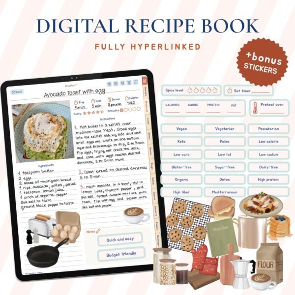 Digital recipe book on an iPad with digital stickers on the right
